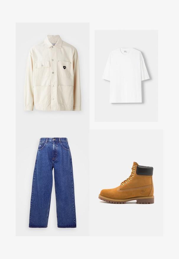 Világos bézs színű pamut dzseki gombos elülső résszel, két melltartó zsebbel és két alsó zsebbel. Ezüst hardware-rel és fekete szív logóval rendelkezik.; Fehér, rövid ujjú pamut póló, kerek nyakkivágással és laza szabással. Simább textúra, látható minták vagy díszítések nélkül.; Széles lábú, kék farmernadrág magas derékkal, öt zsebbel, gombos záródással és finom kopással a textúra érdekében.; Barna velúr bokacipő fekete párnázott gallérral, arany fém fűzőlyukakkal, fehér varrási részletekkel és durva gumitalppal, amelynek kifejezett barázdái vannak.