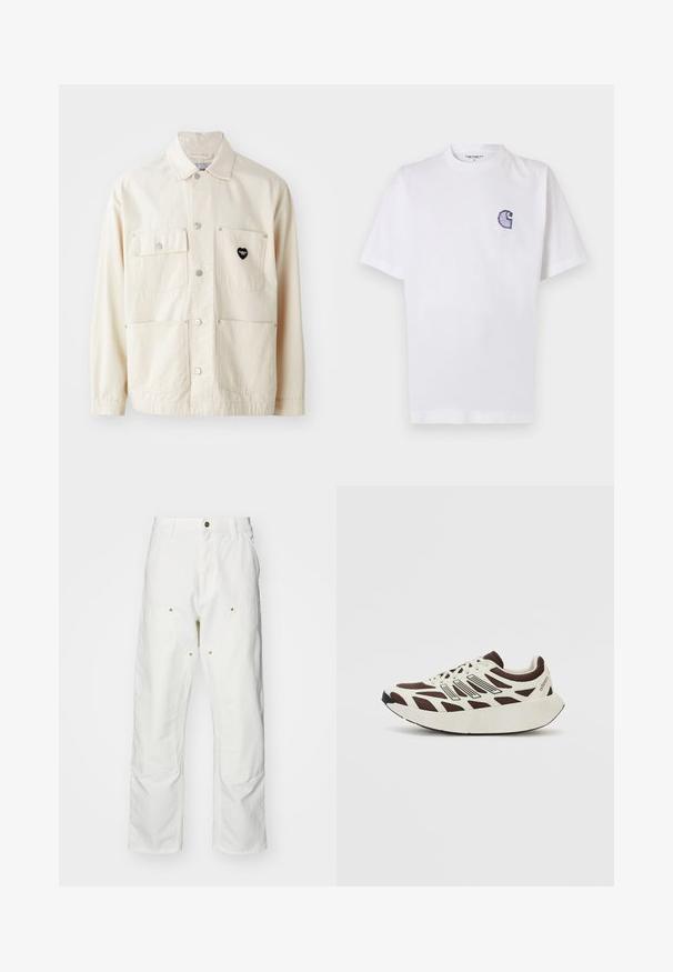 Lys beige bomullskåpe med knapp-lukkefront, to brystlommer og to nederste lommer. Har sølvfarget detaljer og en svart hjerte-logo.; Hvit bomulls-T-skjorte med korte ermer, rund hals og en liten, brodert blå "C"-logo på venstre brystområde.; Hvite bomullscargo bukser med avslappet passform. Funksjoner inkluderer frontlommer, gullfargede detaljer og forsterkede knepartier.; Brune og kremfargede sneakers med en mesh-overdel, teksturerte overlegg og en avrundet, tykk hvit såle. Har en lavprofil-tunge og lisser.