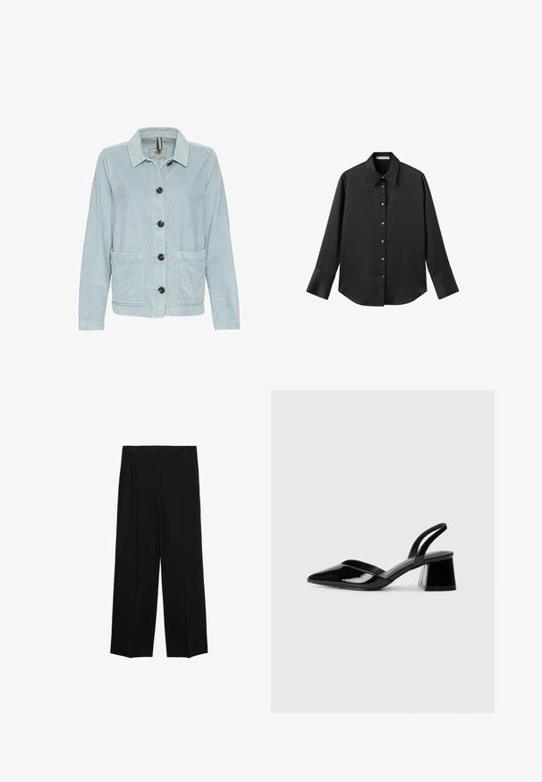 Lichtblauwe corduroy jas met een kraag, zes bruine knopen, twee voorzakken en ribbeltextuur. Lange mouwen met knoopsluiten.; Zwarte lange mouwen shirt van gladde stof, met een klassieke kraag, een sluiting met knopen aan de voorkant met gouden knopen en brede manchetten.; Zwarte wijde broek van een gladde stof, met plooien aan de voorkant en zijzakken, ontworpen met een rechte, relaxte snit.; Zwarte gepatineerde leren slingback hakken met een spitse neus en een geometrische blokhak. Kenmerkt zich door een slank, minimalistisch ontwerp en een gladde textuur.