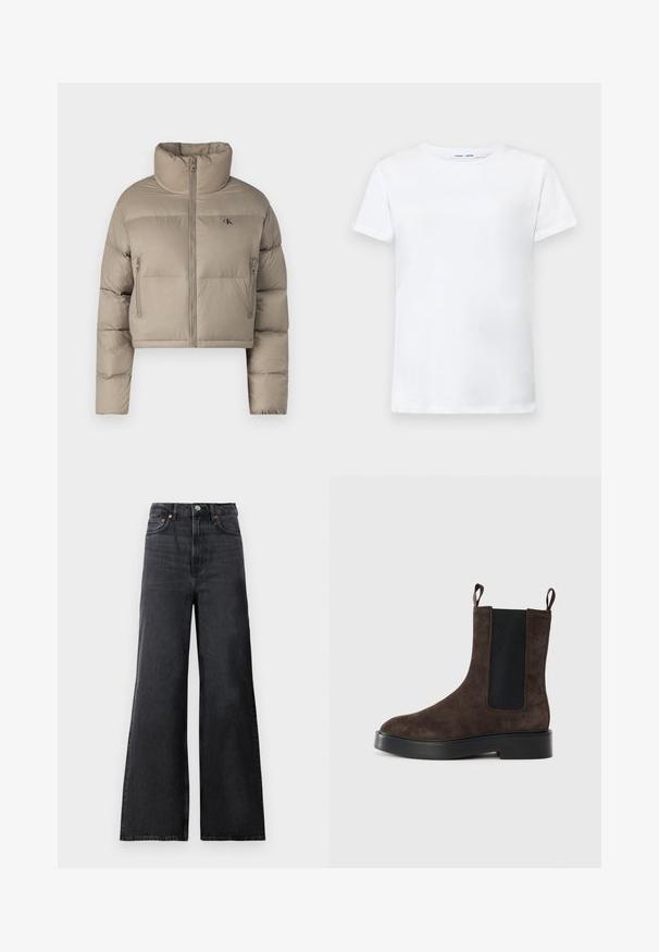 Kuttet beige dunjakke laget av syntetisk materiale, med høy krage, glidelåslommer og diskret merkevare på brystet.; Hvit kortermet t-skjorte laget av bomull med rund hals-design. Glatt tekstur og rett snitt, uten mønstre eller detaljer.; Sorte denim bellbottom bukser med høy midje, med metallknapp-lukking, frontlommer og subtil falming på stoffet.; Brune suedestøvlett med elastiske sidepaneler og trekkfliker. Har en rund tå og chunky svart hæl for stabilitet.