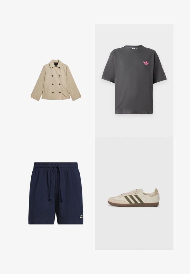 Beige dvouřadý kabát z bavlny. Má velké černé knoflíky, klasický límec a boční kapsy s uvolněným střihem.; Tmavě šedé tričko s krátkým rukávem a malým růžovým logem Adidas trefoil na levé hrudi, vystavené na bílém pozadí.; Tmavě modré sportovní šortky s elastickým pasem a stahovací šňůrkou. Texturovaná, prodyšná látka s malým bílým logem na dolním lemu.; adidas Originals SAMBA OG UNISEX - Tenisky - alumina/medium dark khaki/gum