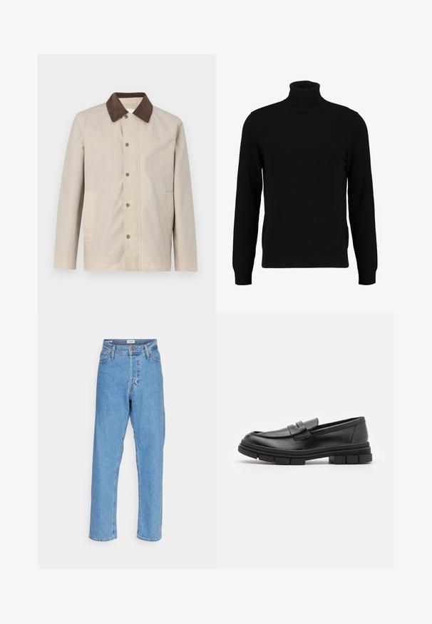 Bež jakna od laganog materijala, s tamnosmešnim kordura ovratnikom i dugmadima sprijeda, s dva bočna džepa.; Crni pulover s visokim ovratnikom od mekog pletenog materijala. Ima duge rukave, rebrasti ovratnik i rub. Jednostavan, suvremen dizajn bez uzoraka.; Svijetloplave traperice s visokim strukom i ravnim nogavicama, s prednjim gumbom, zatvaranjem na zatvarač, petljama za remen i dizajnom s pet džepova na bijeloj pozadini.; Crni kožni loafers s glatkom završnom obradom, s detaljem prednjeg remena i debelim gumenim potplatom s urezanim akcentima.