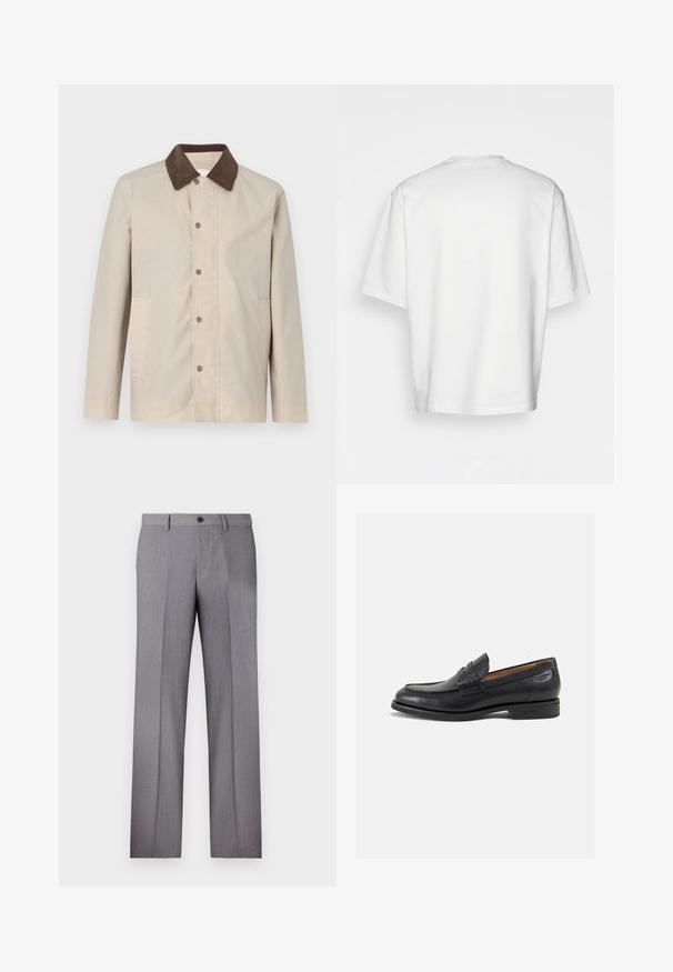 Šviesiai ruda striukė iš lengvos medžiagos, su tamsiai rudos palakimo apykakle ir mygtukų uždarymu priekyje, turinti dvi šonines kišenes.; Balta trumpa rankovėmis marškinėliai, laisvas kirpimas, apvalus iškirpimas, lygaus džinsinio audinio, nepuošta nugara, tiesiai kraštu, be raštų ar akcentų.; Pilkos pritaikytos kelnės su plokščiu priekiu, dviem šoninėmis kišenėmis ir vienu mygtuko užsegimu. Lygi tekstūra su subtiliu dryželiu.; Juodi odiniai loafersai su lygiu paviršiumi, apvaliu pirštu ir dekoratyvine siūlė viršuje. Žemas sustiprintas kulnas ir lengvas blizgesys.