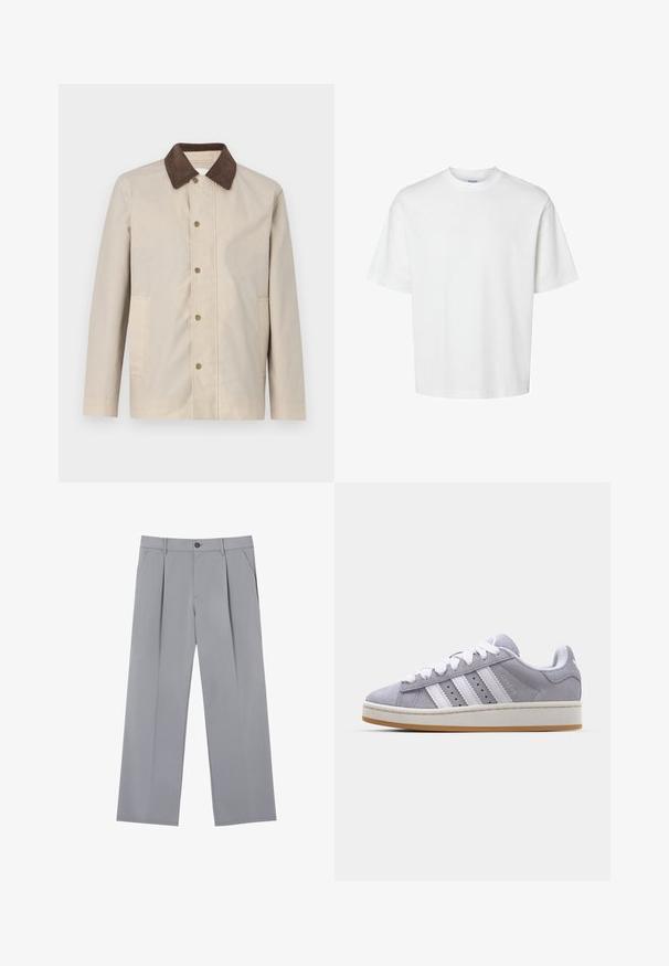 Bežna jakna iz lahkega materiala, z temno rjavim žametu ovratnikom in zapenjanjem z gumbi spredaj ter dvema stranskima žepoma.; Bela bombažna majica s kratkimi rokavi, okroglo izrezana in udobnega kroja. Gladka tekstura brez vidnih vzorcev ali dekoracij.; Sive nabrane hlače z ohlapnim krojem, izdelane iz lahkega materiala. Imajo sprednje žepke in gumbasto zapiranje v pasu.; Sive športne copate iz semiša z belimi črtami, okroglo konico in gumijastim podplatom. Imajo perforacije na straneh in teksturiran vzmetni del.