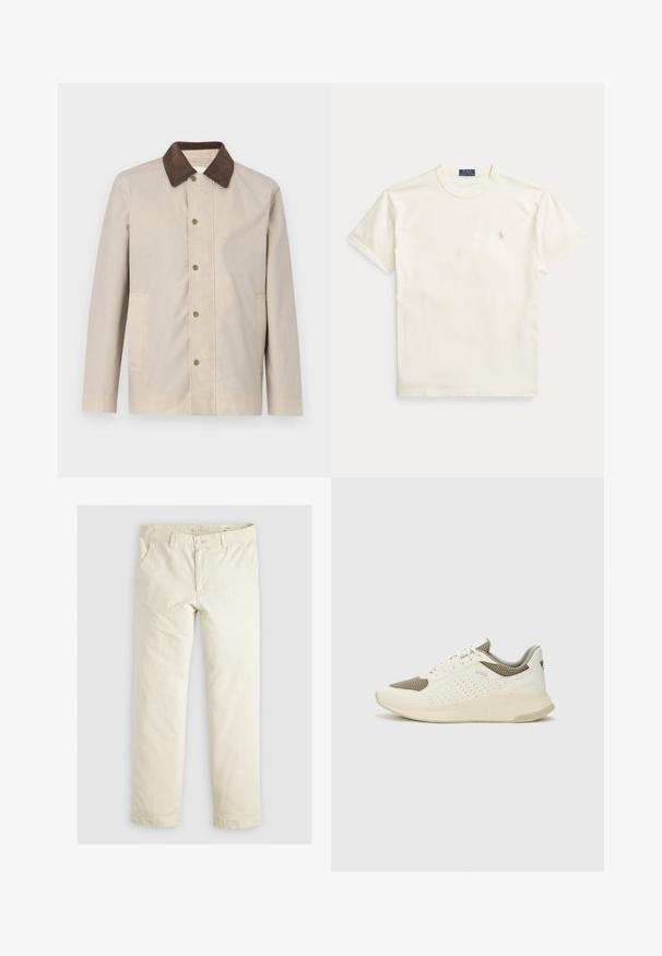Beige jacket in a lightweight material, featuring a dark brown corduroy collar and button-down front with two side pockets.; Cream-colored cotton t-shirt with short sleeves. Features a subtle embroidered logo on the left chest and a crew neckline.; Light beige loose-fit pants with three pockets, belt loops, and a straight leg design. Made from a soft cotton blend fabric.; White and light beige athletic sneaker, featuring a mesh upper, perforated detailing, and a textured midsole with branding on the heel.
