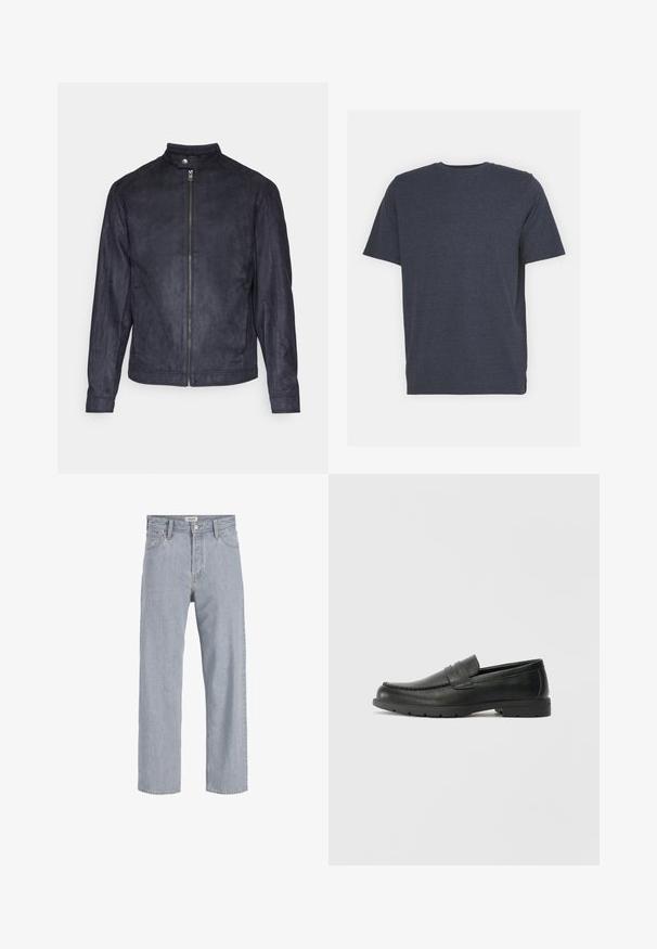 Veste en suède bleu marine avec un col montant, fermeture éclair sur le devant et manches longues, au toucher lisse et au design minimaliste.; T-shirt bleu marine à col rond en tissu de coton mélangé doux, avec des manches courtes et une coupe régulière. Pas de motifs ni d'accents visibles.; Jean en denim bleu clair avec une coupe décontractée,à jambe droite, coutures visibles, deux poches avant et fermeture par bouton.; Mocassins en cuir noir avec une finition lisse, tige de style moccasin, détails cousus et semelle en caoutchouc. Design classique avec un talon bas.