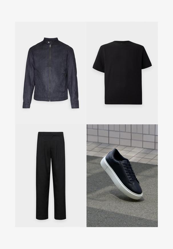 Jachetă din suede bleumarin, cu guler înalt, închidere cu fermoar frontal și mâneci lungi, având o textură netedă și un design minimalist.; Tricou negru cu mânecă scurtă, realizat dintr-un material texturat, cu decolteu rotund și o croială relaxată. Simplu, fără modele sau accente.; Pantaloni negri dintr-un material neted, cu un design drept, două pliuri frontale și un tiv standard cu bucle pentru curea.; Tenis cu piele neagră, cu vârful rotund și talpă din cauciuc alb. Are șireturi plate și cusături minime pe suprafață. Tălpile texturate oferă aderență.