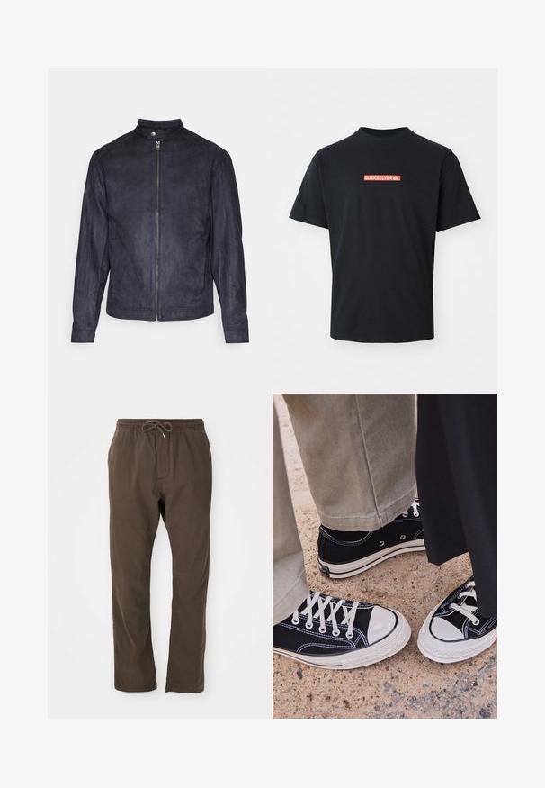 Navy blue suede jacket featuring a high collar, front zipper closure, and long sleeves with a smooth texture and minimalist design.; Black short-sleeve t-shirt with a small red and white Quiksilver logo centered on the chest, displayed against a plain white background.; Brown casual pants with elastic waistband and drawstring, straight-leg cut, suitable for everyday wear.; Black canvas sneakers with white rubber toe caps and laces. Contrast stitching and metal eyelets add detail. Worn with beige pants and black fabric.