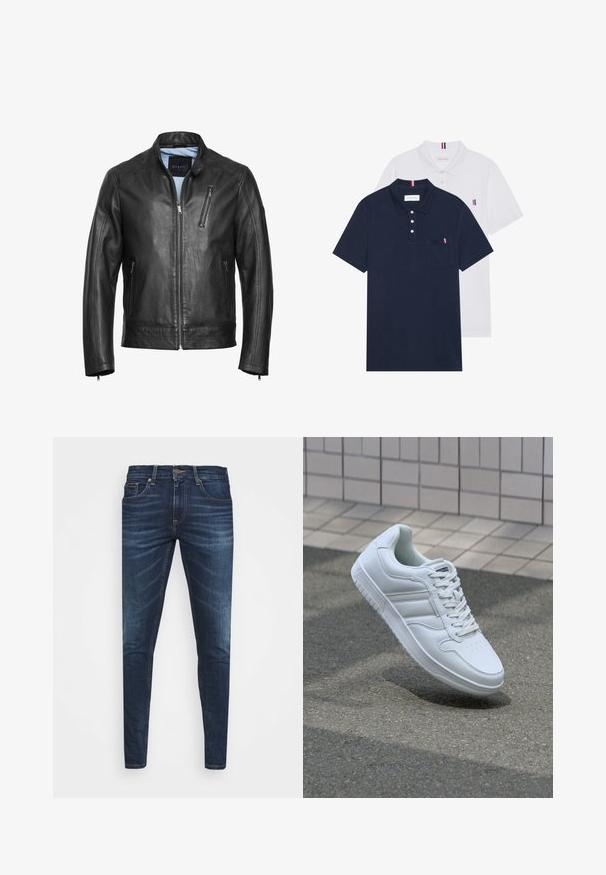 Crna kožna motociklistička jakna s visokim ovratnikom, zatvaračem sprijeda i dva bočna džepa. Ima diskretno šivanje i glatku teksturu.; Dva polo majice: jedna tamnoplava i jedna bijela, obje s malim crveno-bijelim-plavim naglaskom na džepu i ovratniku.; Tamno plave traperice uskog kroja, s blagim izbljeđivanjem, pet džepova i metalnim zatvaranjem na dugme. Šivani detalji u kontrastnoj boji.; Bijela atletska tenisica s glatkim kožnim gornjim dijelom, vezanjem sprijeda, perforiranim vrhom i uzorkovanim đonom. Minimalistički dizajn s tri bočne pruge.