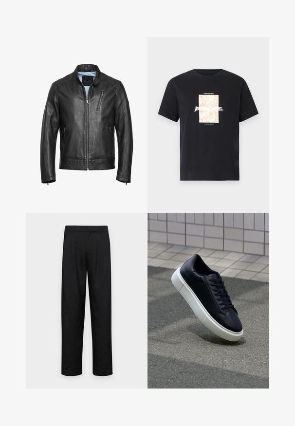 Giacca da motociclista in pelle nera con colletto alto, chiusura zip e due tasche laterali. Presenta cuciture sottili e una texture liscia.; Maglietta in cotone nera con collo tondo. Presenta una grafica rettangolare beige e il testo bianco, "JAWO," centrato sulla parte frontale. Maniche corte.; Pantaloni neri realizzati in tessuto liscio, caratterizzati da un taglio dritto, due pieghe frontali e una vita standard con passanti per la cintura.; Sneaker in pelle nera con punta arrotondata e suola in gomma bianca. Presenta lacci piatti e cuciture minime sulla parte superiore. Suola testurizzata per una migliore aderenza.