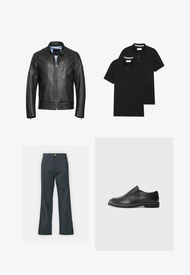 Juodas odinis motociklo švarkas su stovinčiu apykakle, užtrauktuku priekyje ir dviem šoninėmis kišenėmis. Yra subtili siuvinėjimo detalė ir glotni tekstūra.; Du žaidimų juodos polo marškiniai, trumpomis rankovėmis, pagaminti iš medvilnės, su klasikinėmis apykaklėmis, dviem mygtukais priekyje ir baltais dryžiais apykaklės viduje.; Juodos kelnės su tiesiu kirpimu, pagamintos iš medvilnės mišinio. Turi metalinį mygtuką ir šonines kišenes. Be matomų raštų.; Juodai odiniai įtvirtinimo batai su lygiu paviršiumi, siuvinėjimo akcentais, apvalia nosimi ir žemu guminiu kulnu. Pado raštas minimalus.