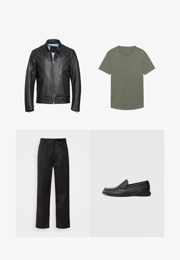 Zwarte leren motorjack met een staande kraag, een ritssluiting aan de voorkant en twee zijzakken. Voorzien van subtiele stiksels en een gladde textuur.; Korte-mouw crewneck t-shirt in olijfgroen, gemaakt van zacht, gestructureerd materiaal met een licht verlengd zoom en een minimalistisch ontwerp.; Zwarte broek van een gladde stof, met een sluiting met een knoop aan de voorkant, plooien en rechte pijpen. Geen zichtbare patronen of accenten.; Zwarte leren instaploafer met een textuur bovenwerk, ronde neus, lage hak en rubberen zool, weergegeven in zijprofiel op een witte achtergrond.
