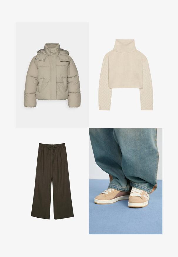 Giacca imbottita beige con colletto alto, cappuccio staccabile e tasche frontali. Tessuto testurizzato con cuciture in vista e dettagli in metallo a scatto.; Maglione cropped color crema con un alto collo, corpo in maglia testurizzata e maniche a motivo a spina di pesce. Realizzato in morbido materiale in filato.; Pantaloni larghi di colore marrone scuro con vita elastica e cordoncino regolabile. Realizzati in un tessuto morbido e leggero.; Sneaker beige con materiali in suede e tessuto, dotate di lacci bianchi, dettagli marrone chiaro e suola testurizzata. Indossate con pantaloni in denim blu larghi.