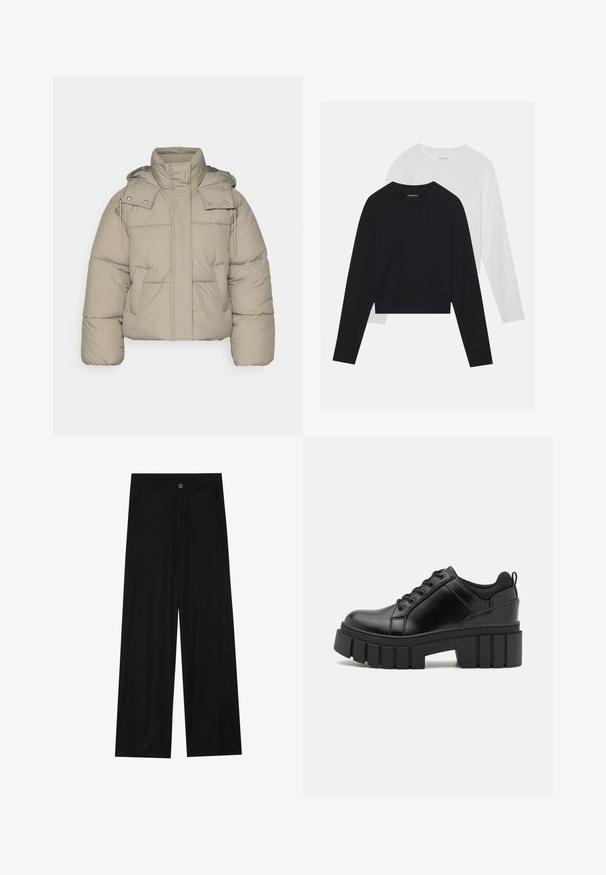 Beige prošívaná bunda s vysokým límcem, odnímatelnou kapucí a předními kapsami. Texturovaná tkanina s viditelnými švy a kovovými cvoky.; Dvě dlouhé rukávy: jedno černé a jedno bílé. Obě mají kulatý výstřih, raglánové rukávy a měkkou bavlněnou směs.; Široké černé kalhoty vyrobené z hladkého materiálu, s předními kapsami a zapínáním na knoflík v pase. Minimalistický design bez vzorů.; Černé kožené platformové boty s masivním blokovým podpatkem, kulatou špičkou a tradičním šněrováním. Mají hladký povrch a minimální detaily.