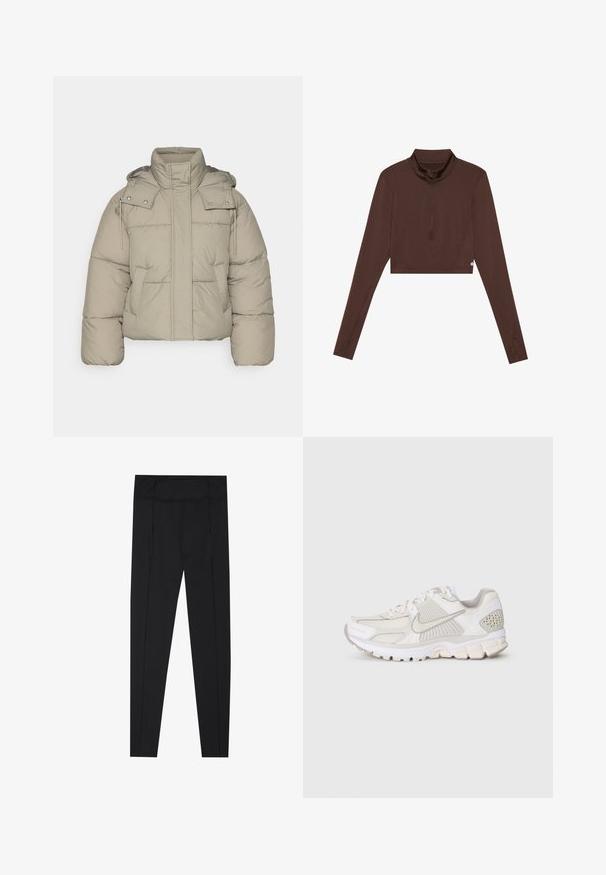 Veste matelassée beige avec un col haut, une capuche amovible et des poches avant. Tissu texturé avec des coutures visibles et des détails en métal pression.; Haut cropped à manches longues marron avec col montant et fermeture à zip quart. Texture lisse avec coutures plates, adapté pour les vêtements de sport.; Leggings noirs avec une texture lisse, une taille haute et des détails de couture sur les côtés. Conception ajustée, adaptée à diverses activités.; Baskets blanches en matériaux synthétiques et en maille. Présentent un design texturé, un col rembourré et des accents géométriques sur le talon.