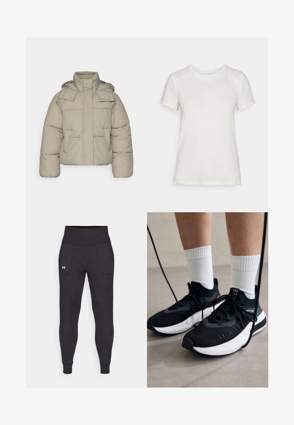 Beige padded jacket featuring a high collar, detachable hood, and front pockets. Textured fabric with visible stitching and metal snap details.; White short-sleeve t-shirt made of soft fabric, featuring a round neckline and a relaxed fit with smooth, seamless shoulder accents.; Black athletic leggings made from stretchy material, featuring a high waistband, side pockets, and fitted cuffs at the ankle.; Black athletic shoes with textured fabric, white sole, and black laces. Worn with white ribbed socks, standing on a light surface.