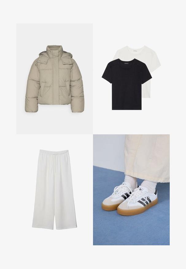 Beige polstret jakke med høj krave, aftagelig hætte og forlommer. Tekstureret stof med synlige syninger og metaltrykknapper.; To kortærmede T-shirts i sort og hvid. Lavet af blød bomuld, med rund halsudskæring og standard pasform med minimal syning.; Hvide vidde bukser lavet af letvægtsstof, med en elastisk talje og snøre for justerbar pasform. Glat tekstur.; Hvide sneakers med sorte striber og beige ruskindsdetaljer. Har en tekstureret gummisål og flade hvide snørebånd, båret med lyse sokker.