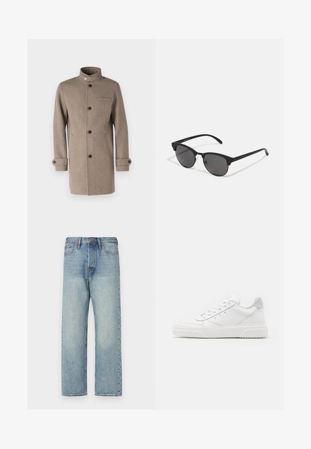 Brauner Wollmantel mit hohem Kragen, vorderen Knöpfen, einer Brusttasche und Seitentaschen. Verfügt über geknöpfte Manschetten und strukturierter Stoff.; Weißes Baumwoll-T-Shirt mit kurzen Ärmeln, Rundhalsausschnitt und einem roten grafischen Text "LECKERER ERFRISCHENDER FRUCHT" auf der Vorderseite.; Hellblaue Jeans aus Denim mit geradem Bein, fünf Taschen und bronzener Hardware. Minimale Ausbleichungen mit einem sauberen Finish.; Weiße Leder-Sneaker mit glatter Oberfläche, rundem Zehenbereich, flachen Schnürsenkeln und strukturiertem Schuhsohlen. Graues Wildleder-Detail an der Ferse.; Schwarze Sonnenbrille mit runden Gläsern, matter Oberfläche und markanter Cat-Eye-Form. Schlanke Bügel mit dezenter Markenkennzeichnung am linken Schläfenstück.