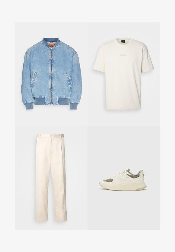 Svjetloplava traper bomber jakna s patentnim zatvaračem, rebrastim ovratnikom i manžetama, dva bočna džepa i vidljivim šavnim detaljima.; BOSS TEE - Navadna majica - open white; Bež cottone hlače s ravnim krojem, ki imajo gumbasto zapiranje in nabore spredaj za dodatne detajle.; Beli in svetlo bež športni copat, s mrežastim zgornjim delom, perforiranimi detajli in teksturirano srednjim delom z blagovno znamko na peti.