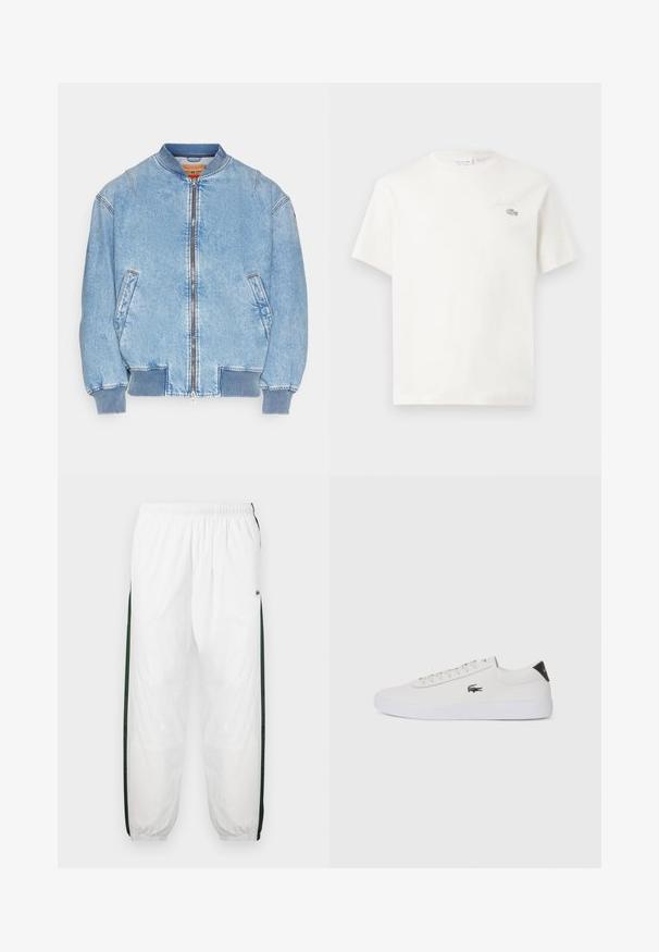 Világoskék farmer bomberdzseki, cipzáras záródással, bordázott gallérral és mandzsettákkal, két oldalsó zsebbel és látható varrási részletekkel.; Fehér pamut póló rövid ujjakkal, diszkrét hímzett logóval és minimalista designnal. Puha tapintású, kerek nyakkivágású.; Fehér sportnadrág sötétzöld oldalpanelekkel. Könnyű anyagból készült, rugalmas derékkal és gumis szegéllyel. Az oldalpaneleken hálós textúra található.; Fehér bőr sportcipő kerek orral, fűzős elülső résszel és fekete sarok akcentussal. Oldalán egy kis hímzett krokodil logóval rendelkezik.