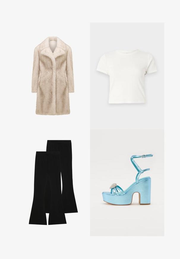 Abrigo de piel sintética en color beige claro. Presenta un cuello con muesca, mangas largas y bolsillos laterales. Superficie suave y texturada con un diseño de largura media.; Camiseta corta blanca de algodón con mangas cortas, cuello redondo y dobladillo recto, con una textura suave y un diseño minimalista.; Pantalones acampanados negros hechos de tela elástica, con una cintura alta y una textura suave, con un diseño ajustado que se ensancha a partir de la rodilla.; Sandalias de plataforma metálicas azules con un tacón grueso, que presentan tiras entrelazadas y un acento de joya en la zona del dedo.