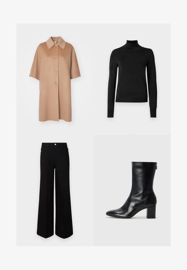 ASPESI Klassischer Mantel - cammello/camel; Schwarzer Langarmrollkragenpullover mit gerippten Bündchen und Saum, auf einem schlichten weißen Hintergrund präsentiert.; Schwarze weit geschnittene Jeans aus strapazierfähigem Material, mit hoher Taille, Fronttaschen und einem Knopfverschluss vorne. Flacher Saum am Boden.; Schwarze Leder-Ankle-Boots mit spitzer Zehe und 4 cm Blockabsatz. Schlankes Design mit einem seitlichen Reißverschluss für einfaches Anziehen. Glatte Textur.