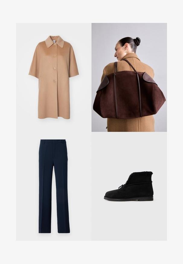 ASPESI Cappotto classico - cammello/camel; Camicia bianca a maniche lunghe realizzata in tessuto morbido, con colletto e apertura con bottoni di un delicato rosa.; Pantaloni blu navy realizzati in tessuto morbido, con un design a gamba dritta, pieghe frontali e tasche laterali per un look sartoriale.; Stivaletto in suede nero con fodera in pelliccia visibile all'apertura e un lacci legati attorno alla parte superiore.; Borsa in suede marrone con dettagli in pelle scura, caratterizzata da una forma strutturata e due manici, portata a spalla contro un cappotto beige.