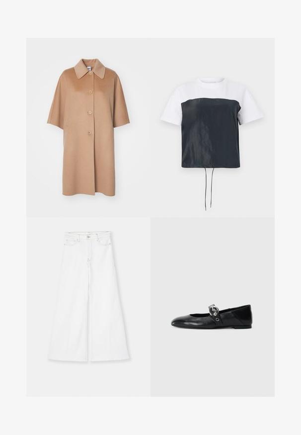 ASPESI Mantel - cammello/camel; Korte mouwen cropped T-shirt met een witte katoenen bovenkant en een donkergrijze, glanzende polyester onderkant met een verstelbare trekkoordonderkant.; FRAME LE PALAZZO CROP RAW FRAY - Flared Jeans - white; Zwarte leren balletschoenen met een spitse neus, voorzien van een band met een ronde metalen gesp en een platte zool.