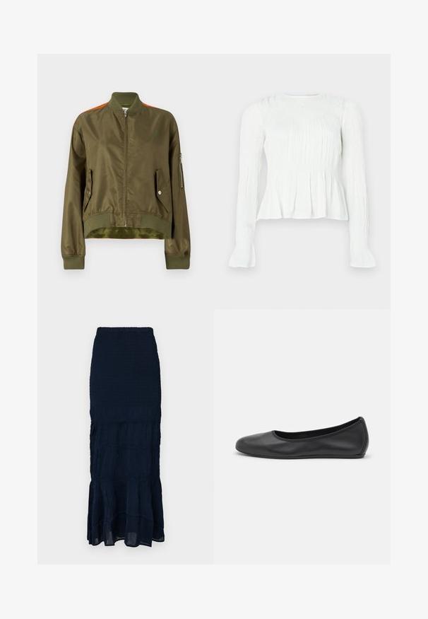 MM6 Maison Margiela Bomber stiliaus striukė - military/orange; Balta ilgomis rankovėmis palaidinė su surinkto audinio detalėmis, raukiniu liemeniu ir platėjančiomis rankogaliais ant vientisos spalvos fono.; Tamsiai mėlynas, raukšlėtas midi sijonas su sluoksniuotu, raukšlėtu pakraščiu ir tekstūruota medžiaga. Elastinė juosmens juosta reguliuojamam prigludimui.; Juodai odiniai baletai su apvaliu pirštu, lygi texture, minimalus siuvimo detales ir lanksčiu padų dizainu.