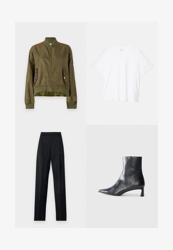 MM6 Maison Margiela Bomber tipa jaka - military/orange; Balta kokvilnas T-krekls ar īsām piedurknēm, apaļu dekoltē, brīva piegriezuma un šūtu apakšmalu. Etiķete redzama iekšējā kakla daļā.; Melnas bikses, izgatavotas no gludas auduma, ar augstu vidukli, platiem bikšu galdniekiem, priekšējiem krokām un klasiskām jostu cilpām. Sānu kabatas nav redzamas.; Melnas ādas potītes zābaki ar norādītu pirkstu un elegantu dizainu. Iezīmē zemu papēdi un rāvējslēdzēja aizdari aizmugurē. Gluda tekstūra.