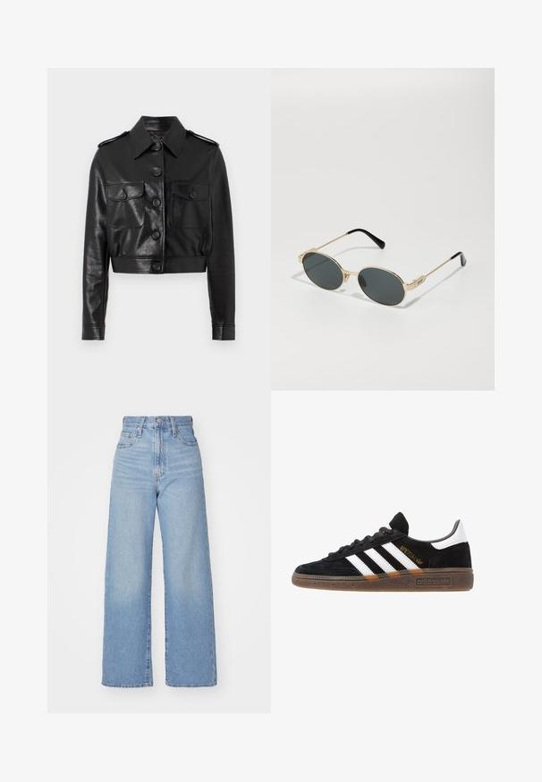 Black cropped leather jacket with a pointed collar, front button closure, two chest pockets, and buttoned cuffs. Smooth, textured finish.; Hollister Co. SLIM SHIRTING - Button-down blouse - white; Light blue high-waist wide-leg jeans with front button and zip closure, front and back pockets, on a white background.; Black Adidas sneaker with white stripes, gold "Spezial" text, gum sole, and white heel tab, shown in profile view.; Gold metal sunglasses with oval lenses and dark tinted lenses. Black acetate tips on the arms. Brand name "QUAY" on the side.; Brown suede shoulder bag with a curved shape and a single strap, featuring a subtle logo on the front. Background is plain white.
