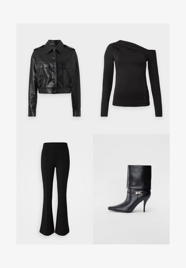 Zwarte korte leren jas met een spitse kraag, sluiting met knopen aan de voorkant, twee borstzakken en knoopmanchetten. Glad, gestructureerd oppervlak.; Zwart langemouwen top met een asymmetrische halslijn, waarbij één schouder bloot is en zachte draping over de borst valt.; Zwarte flared broek gemaakt van een rekbaar materiaal met een gladde textuur, met naaddetails aan de voorkant voor extra ontwerp.; Zwarte leren enkelboot met een spitse neus, hoge stilettohak, opgevouwen manchet en een gouden decoratieve gespdetails op de enkel.
