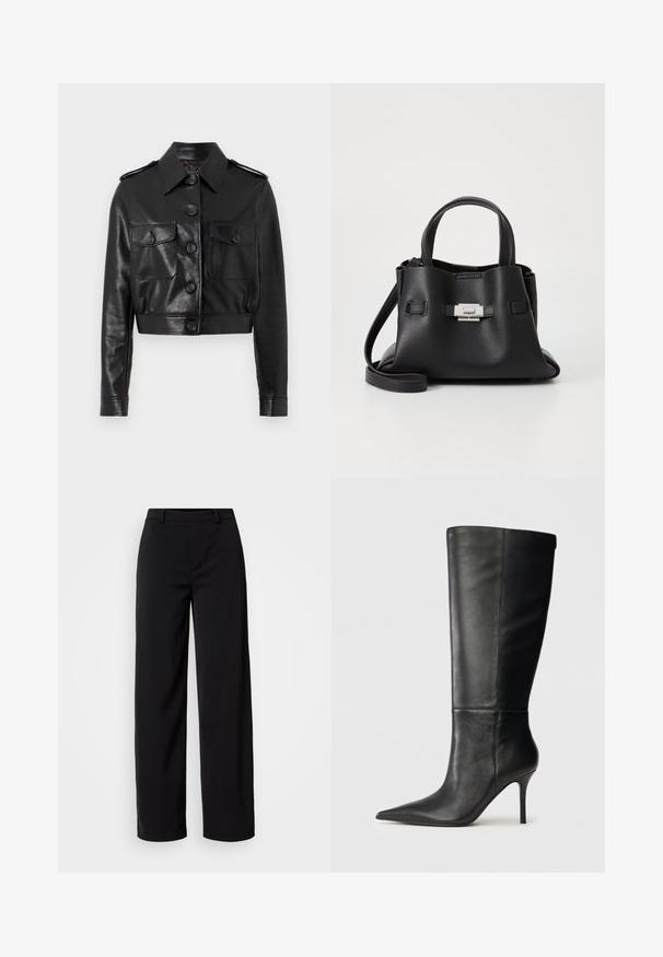 Μαύρο κοντό δερμάτινο μπουφάν με μυτερό γιακά, εμπρόσθια κλείσιμο με κουμπιά, δύο τσέπες στο στήθος και κουμπωτά μανίκια. Λείο, υφασμένο φινίρισμα.; Μαύρο τοπ με κοντά φουσκωτά μανίκια από διαφανές ύφασμα, στρογγυλή λαιμόκοψη και εφαρμοστή γραμμή. Μαλακή υφή με λεία φινίρισμα.; Μαύροι παντελόνια με φαρδιά πόδια από λεία ύφανση, με κλασική μέση και κομψή σιλουέτα, διαθέτοντας μπροστινές τσέπες.; Μαύρη δερμάτινη μπότες έως το γόνατο με κομμένο νύχι και λεπτό τακούνι στιλέτο, λεία υφή, πλάγια προφίλ σε ουδέτερο φόντο.; Μαύρη δερμάτινη τσάντα με υφή, που διαθέτει δύο επάνω χερούλια, αποσπώμενη λουρί ώμου και λεπτομέρεια από ασημένιο κούμπωμα.