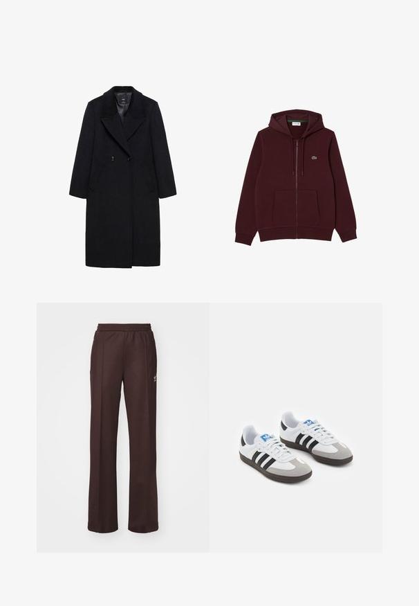 Abrigo negro de doble botonadura con amplios solapas, bolsillos laterales y una textura suave. El diseño presenta un corte hasta la rodilla.; Sudadera con cremallera de color marrón hecho de tela suave, que cuenta con un bolsillo tipo canguro en la parte delantera, una capucha con cordón y un logotipo bordado en verde en el pecho.; Camisas de manga larga de algodón en blanco y negro, con escote redondo y un diseño ajustado. Etiqueta visible en el cuello.; Pantalones deportivos marrones con una cinturilla elástica, dos bolsillos laterales y un pequeño logo en el lado izquierdo, hechos de una tela suave.; Zapatillas deportivas con parte superior de piel blanca, puntera de ante gris y tres rayas negras. Presentan un logo azul en la lengüeta y una suela de goma texturizada.
