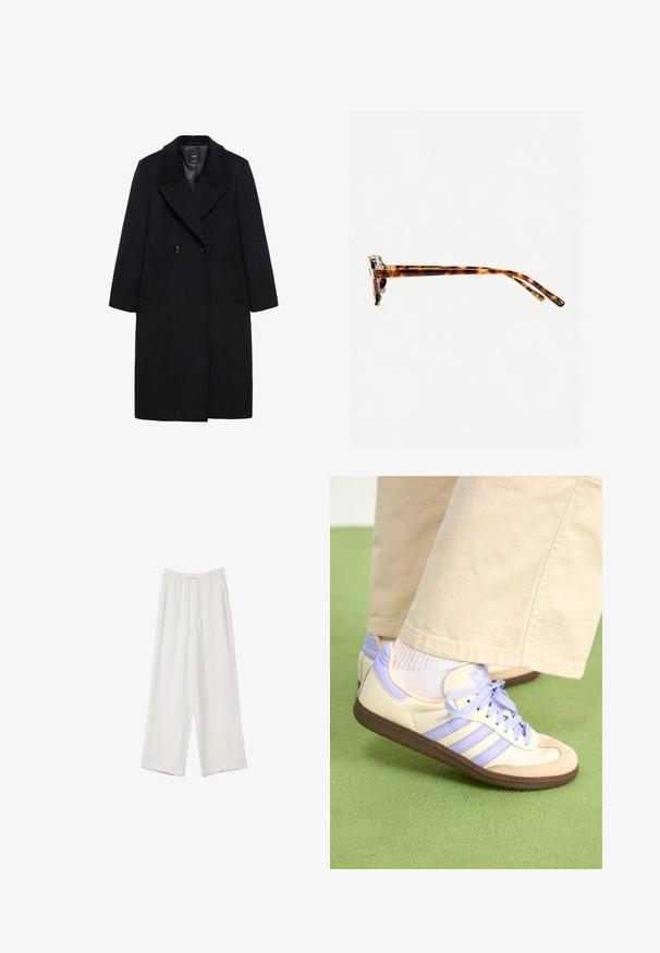 Schwarzer doppelt knöpfbarer Mantel mit großen Revers, Seitentaschen und einer glatten Textur. Das Design ist knielang.; Weißes T-Shirt mit kurzen Ärmeln aus Baumwolle. Hat einen Rundhalsausschnitt und eine lockere Passform. Glatte Textur ohne sichtbare Muster oder Akzente.; Weiße weit geschnittene Hose aus leichtem Stoff. Mit einem elastischen Bund und Kordelzug sowie Seitentaschen. Glatte Textur.; Cremefarbene und lavendelfarbene Sneakers mit drei Streifen und einer strukturierten braunen Sohle, ausgestattet mit Schnürsenkeln und einer gepolsterten Ferse. Obermaterial aus weichem Stoff.; Schildpatt-Sonnenbrille mit dickem Rahmen, leicht gebogenen Bügeln und glatter Textur. Sie präsentiert ein klassisches Design mit glänzender Oberfläche.
