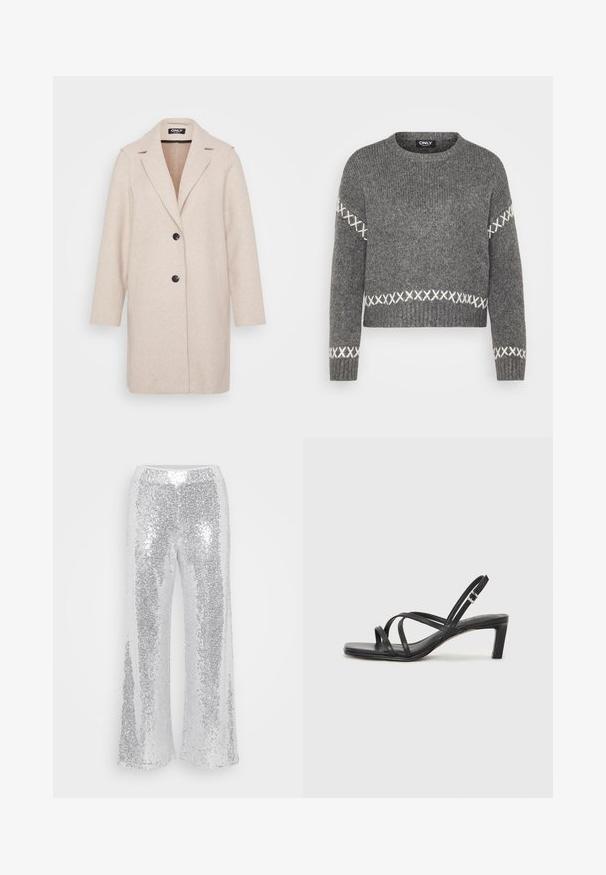 Svijetlosmeđi vuna kaput s izrezanim ovratnikom, dugim rukavima, dva bočna džepa i dva crna gumba sprijeda. Glatka tekstura.; Sivi pleteni pulover s okruglim izrezom, ukrašen bijelim ukrasnim šavovima na rukavima i rubu. Mekana tekstura, skraćeni dizajn.; Srebrne široke hlače od šljokica s visokim pojasom. Tkanina se sjaji i reflektira svjetlost, s glatkom, sjajnom teksturom.; Crne sandale s trakama, kvadratnim prstom i niskom blok petom. Ima više tankih trakica i podesivu trakicu oko gležnja. Izrađene su od glatke kože.