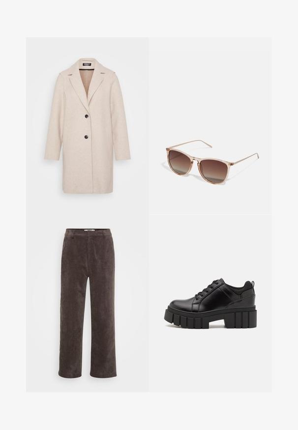 Gaišbeigais vilnas mēteli ar izgrieztu apkakli, garām piedurknēm, divām sānu kabatām un divām melnām pogām priekšā. Gluda tekstūra.; Balts īsais džemperis, izgatavots no mīkstas adīšanas auduma. Iezīmējas ar garām puffām piedurknēm ar ribu aprocēm un apaļu kakla dizainu.; Brūni korduroja platās kājas bikses ar strukturētu apdari, ar standarta jostasvietu un divām priekšējām kabatām.; Melnas ādas platformas kurpes ar masīvu bloku papēdi, apaļu purngalu un tradicionālu saistīšanas dizainu. Izceļas ar gludu tekstūru un minimālu apdari.; Brūna gradienta saulesbrilles ar caurspīdīgu rozā rāmi, kvadrātveida forma un plānas metāla kājas. Iespējamās noapaļotas malas un minimāls dizains.