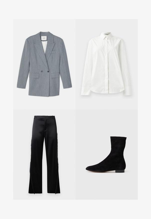 Grå, skräddarsydd kavaj i ett strukturerat tyg. Har en dubbelknäppt design, slagkrage och två framfickor.; Vit bomullslångärmad skjorta med spetsig krage, knäppning framtill och rundad nederkant. Slät textur, vanlig passform och utan mönster.; Svarta satinpants med vida ben, som har fransdetaljer längs sidsömmarna och en platt midja fram. Enfärgad bak utan fickor.; Svart mocka ankelboots med en åtsittande skaft, spetsig tå och låg blockklack. Slät yta och minimalistisk design, lämplig för mångsidig styling.