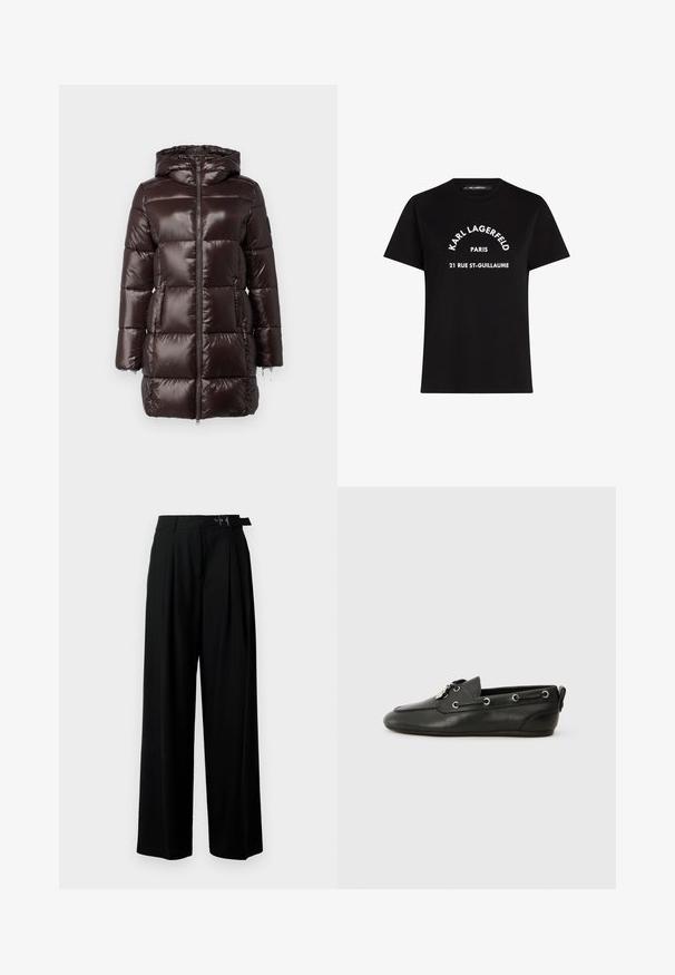 Brauner Puffermantel mit glänzendem, gestepptem Design, durchgehendem Reißverschluss und Kapuze. Mit zwei Vorderseiten Taschen und elastischen Bündchen.; Schwarzes Baumwoll-T-Shirt mit weißem Text: "KARL LAGERFELD PARIS 21 RUE ST-GUILLAUME." Klassisches Rundhalsausschnitt-Design mit kurzen Ärmeln.; Schwarze weit geschnittene Hosen mit hoher Taille, Falten an der Vorderseite und einem Gürtel mit Schnalle. Hergestellt aus glattem, leichtem Stoff.; Schwarze Lederbootsschuhe mit runder Zehenpartie, Schnürung vorne, metallischen Ösen und flacher Sohle. Verfügt über eine kleine Lasche hinten.