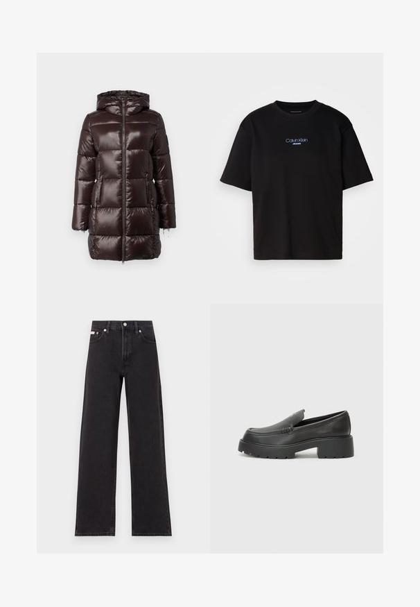 Brun puffjacka med en glänsande, quiltad design, hel dragkedja och huva. Inkluderar två framfickor och elastiska manschetter.; Svart bomulls T-shirt med rund nacke, korta ärmar och blå broderad "Calvin Klein JEANS" logotyp på framsidan.; Svarta vida jeans i denim med hög midja, fem fickor och metallknappstängning med kontrasterande sömmar.; Svarta läderloafers med rund tå, tjockt strukturerat såle och minimala sömnadsdetaljer. Snygg design utan synliga snören eller beslag.