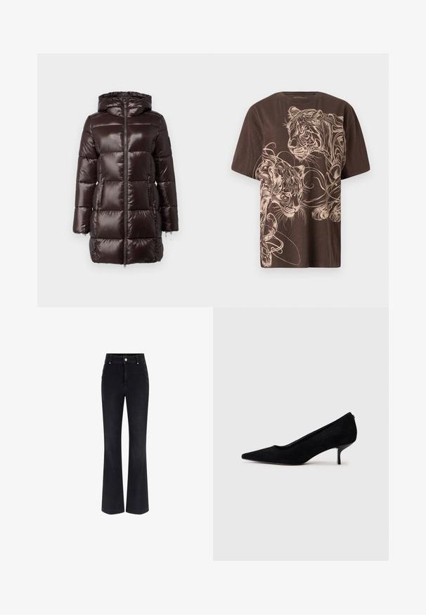 Brown puffer coat featuring a shiny, quilted design, full zip, and a hood. Includes two front pockets and elastic cuffs.; Brown t-shirt featuring a detailed cream-colored tiger graphic design. Short sleeves, round neck, and soft, textured fabric.; Black denim flared jeans featuring a high waist, five-pocket design, and metallic button accents on the sides. Smooth texture and classic fit.; Black suede high heel shoe with a pointed toe and a slim, low heel. Smooth texture with a sleek design, featuring no visible hardware.