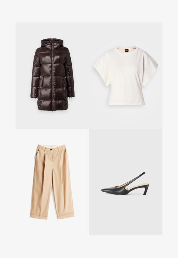 Καφέ φουσκωτό παλτό με γυαλιστερή, καπιτονέ σχεδίαση, πλήρες φερμουάρ και κουκούλα. Περιλαμβάνει δύο μπροστινές τσέπες και ελαστικές μανσέτες.; Λευκό κοντομάνικο μπλουζάκι, φαρδιές κοντές μανίκες, μαλακό βαμβακερό υλικό, στρογγυλή λαιμόκοψη με διακριτική πορτοκαλί λεπτομέρεια, μινιμαλιστικός σχεδιασμός, χωρίς σχέδια ή γραφικά.; Μπεζ παντελόνια σε φαρδιά γραμμή, κατασκευασμένα από ελαφρύ ύφασμα, με πιέτες μπροστά, κλείσιμο με κουμπί και γυρισμένα μπατζάκια. Απαλή υφή με κομψή εφαρμογή.; Μαύρο παπούτσι slingback με αιχμηρή μύτη και χαμηλό τακούνι, κατασκευασμένο από λείο δέρμα με σχέδιο κοπής στη πλευρά για αερισμό.