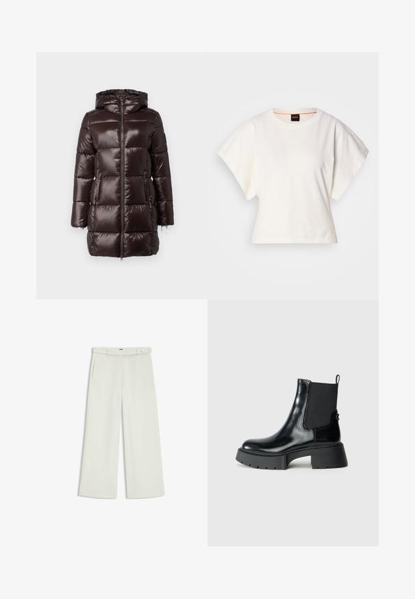 Brown puffer coat featuring a shiny, quilted design, full zip, and a hood. Includes two front pockets and elastic cuffs.; White cropped T-shirt, short wide sleeves, soft cotton material, round neckline with subtle orange trim, minimal design, no patterns or graphics.; Wide-leg pants in light cream fabric, featuring side pockets, a flat front, and a single button closure at the waist. Smooth texture.; Black ankle boots made of shiny leather with elastic side panels, a pull tab, and a chunky rubber sole featuring a textured tread pattern.