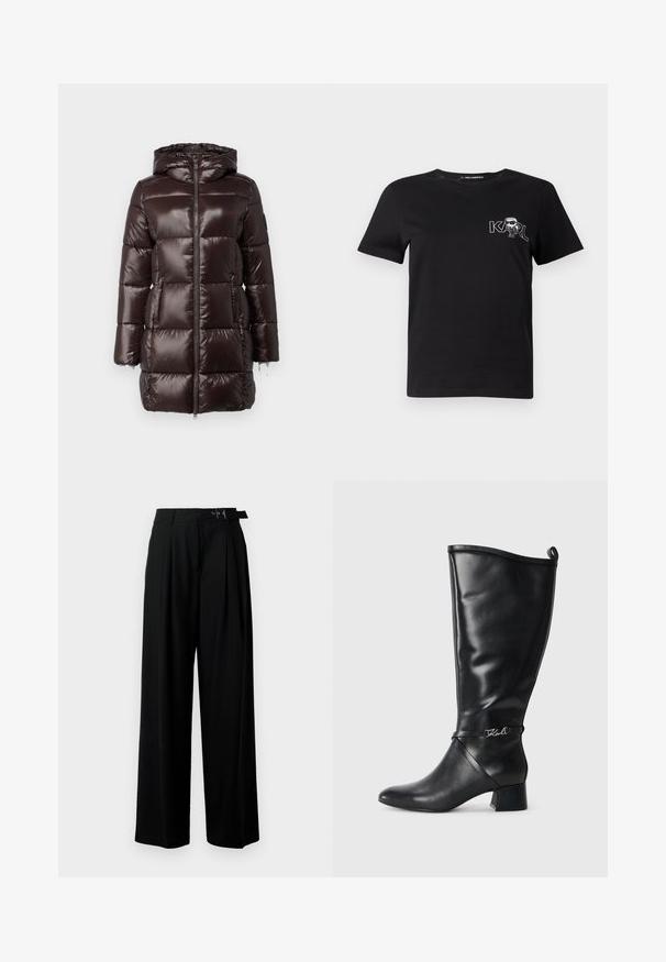 Geacă puf maro cu un design lucios, matlasat, cu fermoar complet și glugă. Include două buzunare frontale și manșete elastice.; Tricou scurt cu mânecă neagră, din bumbac. Prezintă o grafică albă cu textul "KARL" și o figură stilizată pe piept. Guler rotund.; Pantaloni negri cu croi larg, talie înaltă, pliuri în față și un b μέρος cu cataramă. Confecționați dintr-un material neted și ușor.; Cizme negre din piele, până la genunchi, cu vârf ascuțit, toc bloc și o curea decorativă care prezintă un logo argintiu lângă glezne. Textură netedă.