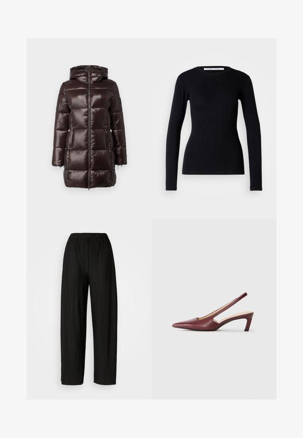 Bruine pufferjas met een glanzend, doorgestikt ontwerp, volledige rits en een capuchon. Inclusief twee voorzakken en elastische manchetten.; Zwarte lange mouwen top van ribstof. Heeft een ronde halslijn en een getailleerde pasvorm. Geen patronen of versieringen. Eenvoudig ontwerp.; Zwarte plooibroek met wijde benen en een elastische tailleband. De stof heeft verticale plooien en een gladde textuur.; Bordeaux slingback hakken met een spitse neus, uitsparingen aan de zijkant en een middellange blokhak. Glad leren afwerking.