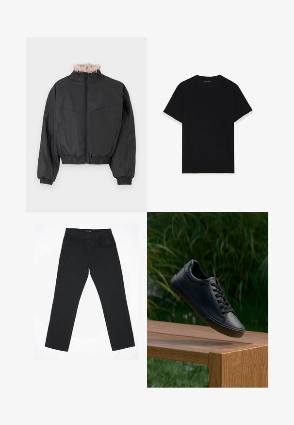 Črna bomberska jakna z zadrgo in svetlim ovratnikom iz umetnega krzna. Ima elastične manšete in rob, gladko teksturo ter strukturiran dizajn.; Črna majica s kratkimi rokavi iz teksturiranega blaga, z belimi poudarki na manšetah. Okrogli izrez, sproščen kroj.; Črne jeans hlače s ravnim krojem, petimi žepi in klasičnim pasom. Tkanina ima gladko teksturo in minimalne detajle.; Črne usnjene superge z gladko teksturo, okroglo špicasto konico in ravnimi vezalkami, postavljene nad leseno površino z zeleno travo v ozadju.