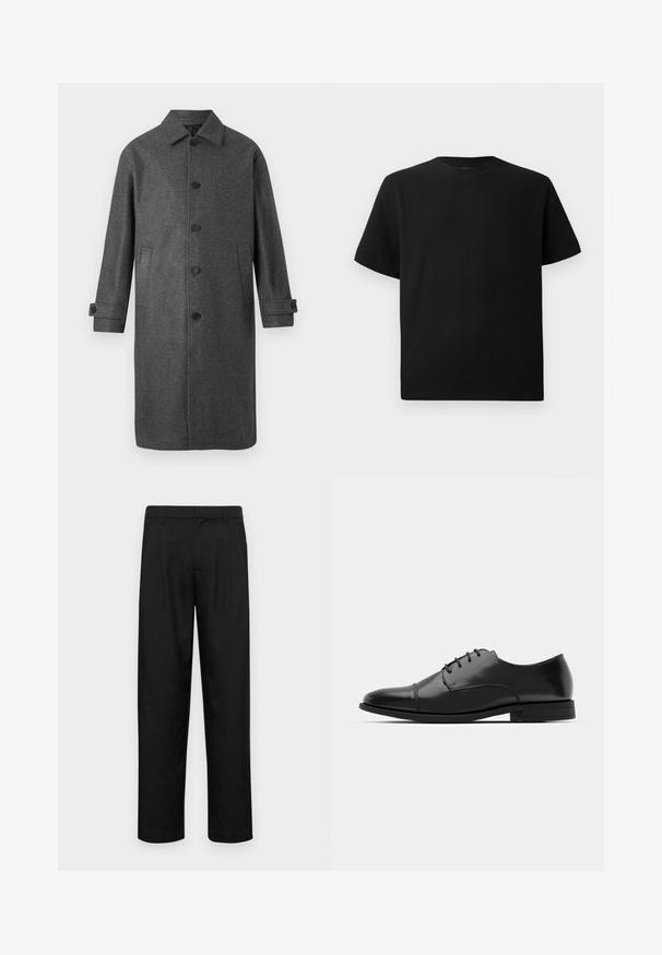 Pelēka vilnas maisījuma mēteli ar taisnu griezumu, pogu priekšpusi, divām sānu kabatām un regulējamiem piedurkņu galiem. Iezīmē klasisku apkakles dizainu.; Melnās īsām piedurknēm T-krekls no teksturēta auduma, ar apaļu kakla izgriezumu un brīvu piegriezumu. Vienkāršs, bez rakstiem vai akcentiem.; Melnas bikses, izgatavotas no gludas auduma, ar taisnu kāju dizainu, divām priekšējām krokām un standarta jostu, kurai ir āķi.; Melnas ādas vadmalas kurpes ar noapaļotu purngalu, saistījuma dizains, smalkas izšuvumu detaļas un zema papēža. Gluda tekstūra ar spīdīgu apdari.