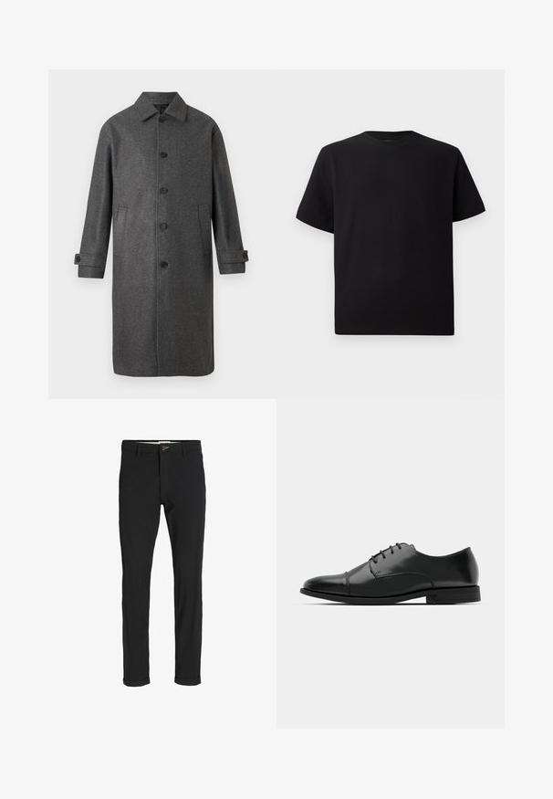 Szürke gyapjú keverék kabát egyenes szabással, gombos elülső résszel, két oldalsó zsebbel és állítható mandzsettákkal. Klasszikus galléros dizájn jellemzi.; Fekete, rövid ujjú póló texturált anyagból, kerek nyakkivágással és laza fazonnal. Egyszerű, minta és díszítés nélkül.; Fekete pamut keverék nadrág, slim fit szabással, gombos záródással, zsebekkel és felgöngyölt szárakkal a laza végeredményért.; Fekete bőr férfi dresszcipő, lekerekített orral, fűzős kialakítással, diszkrét varrási részletekkel és alacsony sarokkal. Simább felület, fényes kivitel.