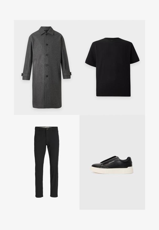 Grau melierter Wollmischmantel mit geradem Schnitt, Knopfleiste, zwei Eingrifftaschen und verstellbaren Manschetten. Verfügt über ein klassisches Kragendesign.; Schwarzes Kurzarm-T-Shirt aus strukturiertem Stoff, mit einem Rundhalsausschnitt und einer lockeren Passform. Einfach, ohne Muster oder Akzente.; Schwarze Baumwollmischungshose mit schmalem Schnitt, gekennzeichnet durch einen Knopfverschluss, Taschen und umgeschlagenen Säumen für einen lässigen Abschluss.; Schwarzer Schlupfschuh aus strukturiertem Lederobermaterial, mit weißer Gummisohle und ohne sichtbare Schnürsenkel. Mit Markenlogo an der Seite.