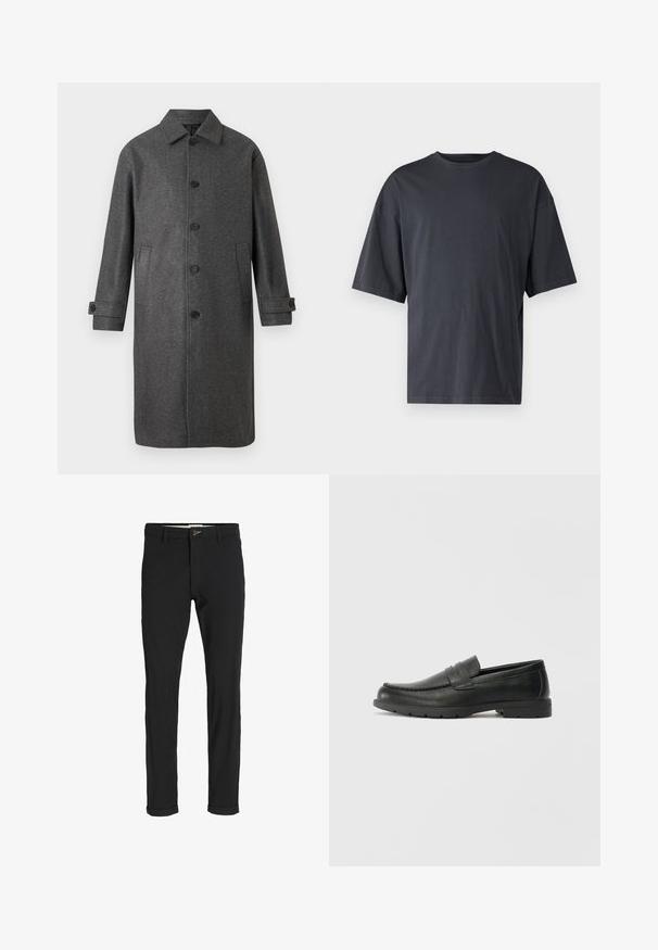 Gray wool blend coat with a straight cut, button front, two side pockets, and adjustable cuffs. Features a classic collar design.; Dark gray short-sleeve t-shirt made of lightweight cotton, featuring a loose fit and classic crew neckline, with plain texture and no patterns.; Black cotton blend pants with a slim fit, featuring a button closure, pockets, and rolled cuffs for a casual finish.; Black leather loafers with a smooth finish, moccasin-style upper, stitched detailing, and a rubber sole. Classic design with a low heel.